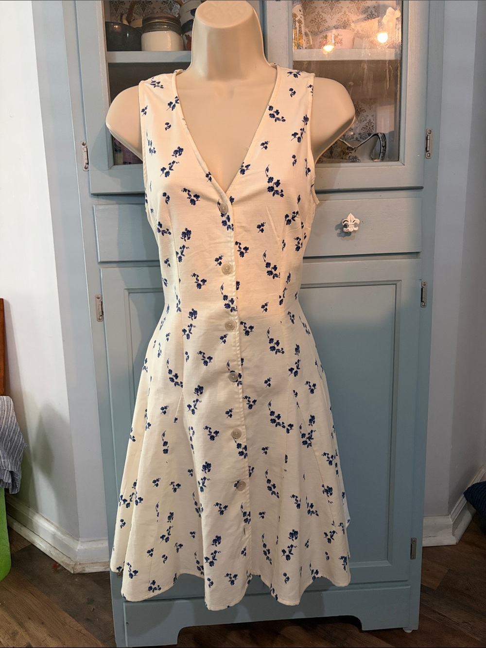 Tailored Cream & Blue Floral Button-Front Sleeveless Dress - Cotton Linen XS